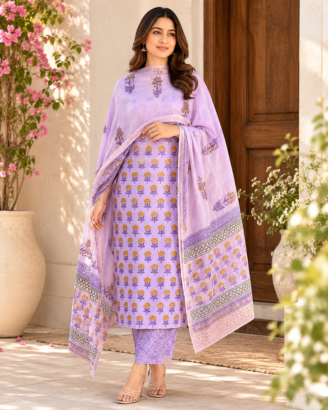 Lavender Floral Handblock Chanderi Suit Set