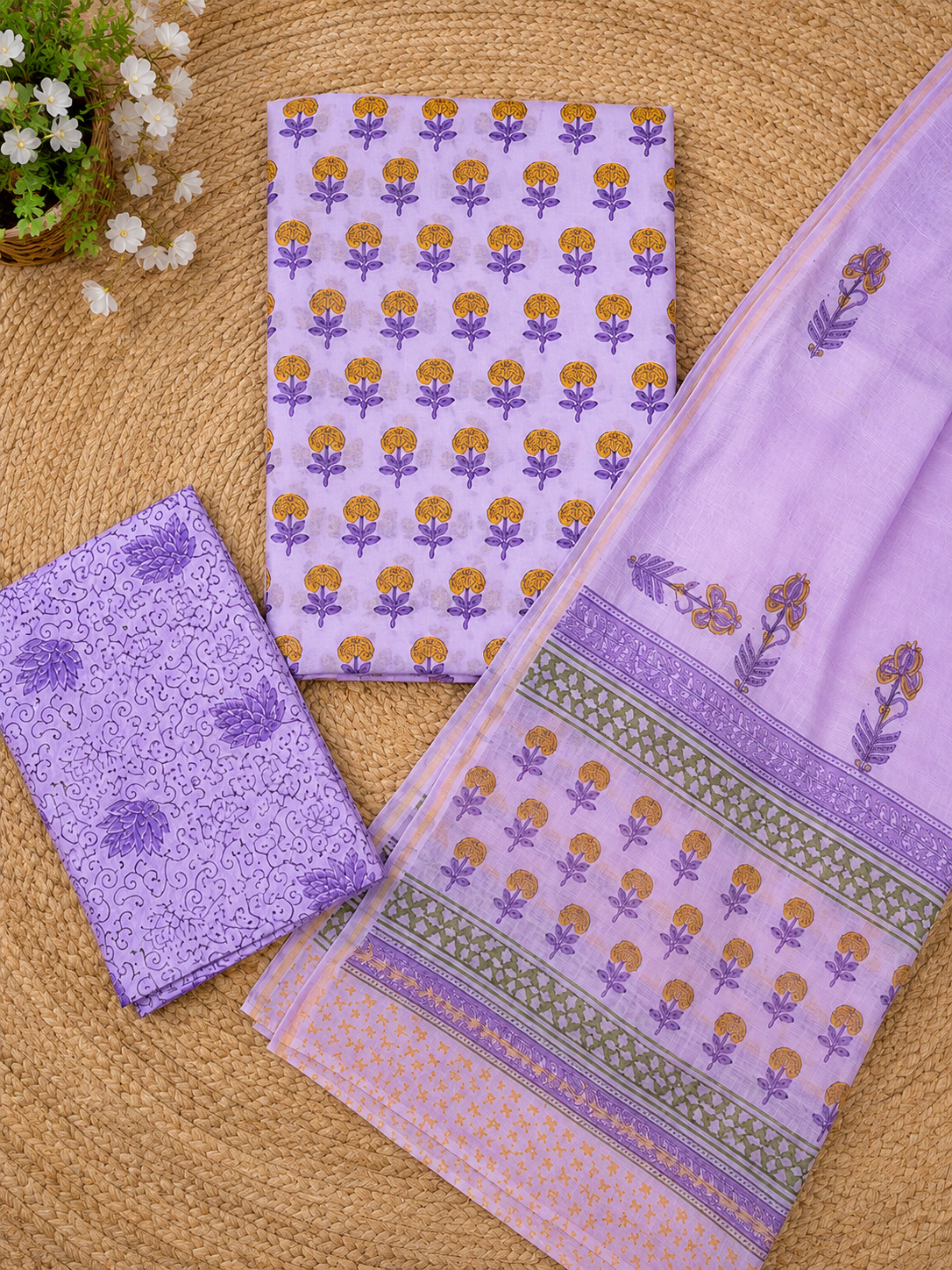 Lavender Floral Handblock Chanderi Suit Set