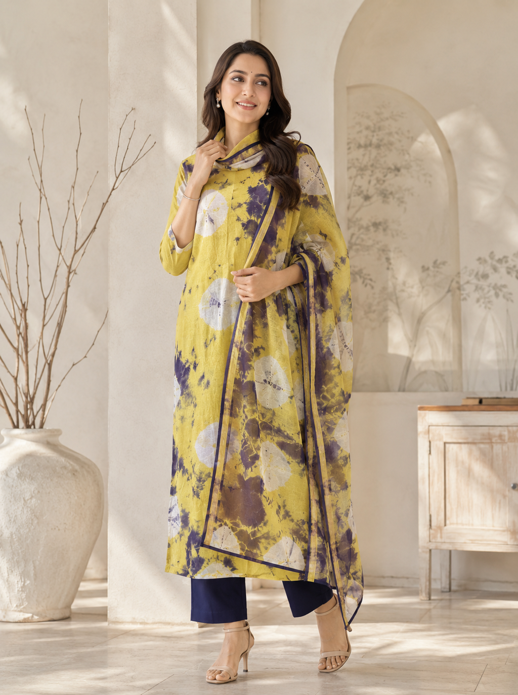 Sunshine Yellow Shibori Tie-Dye Chanderi Suit Set