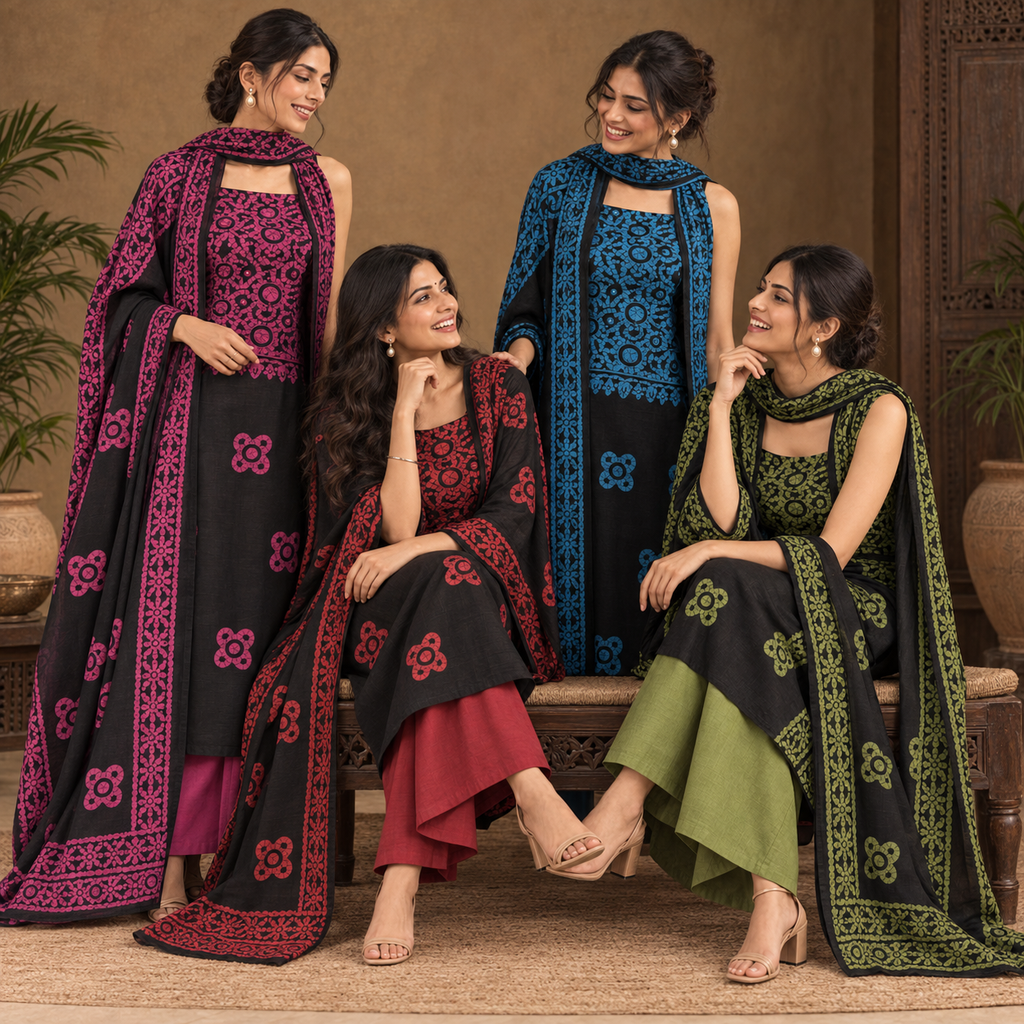Rangrez Cotton Batik 3-Piece Unstitched Suit Set with Kota Doria Dupatta
