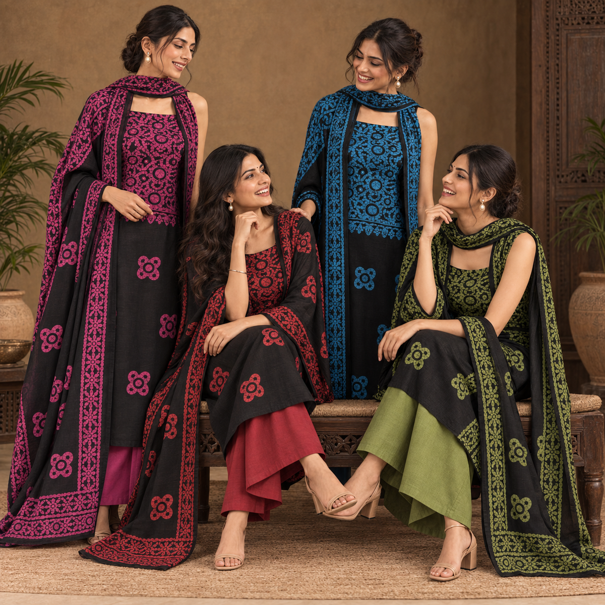 Rangrez Cotton Batik 3-Piece Unstitched Suit Set with Kota Doria Dupatta