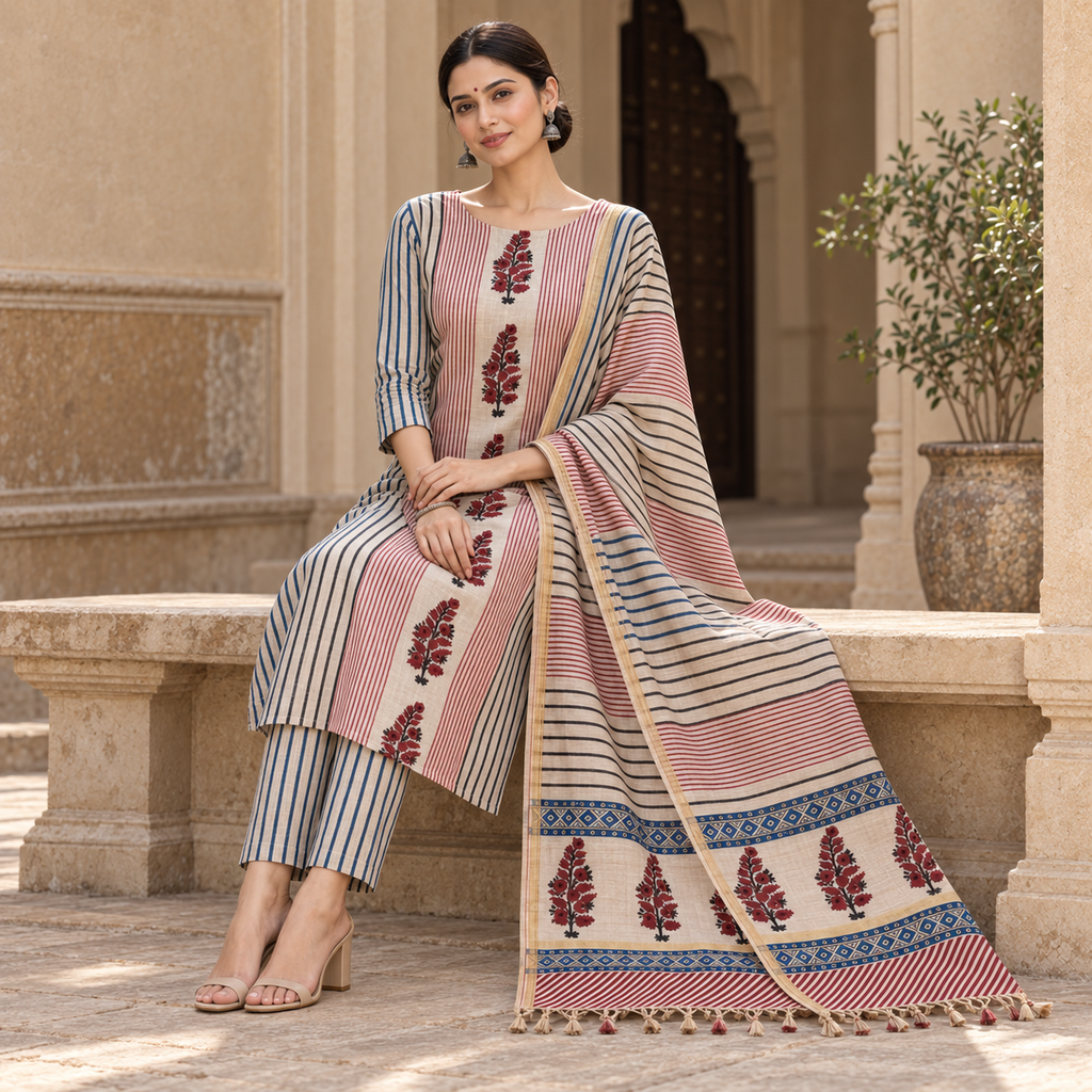 Gulnaar Ivory Chanderi Handblock 3 Piece-Unstitched Suit Set