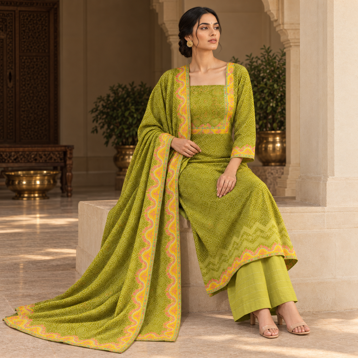 Meher Olive Green Bandhani Crepe 3-Piece Unstitched Suit Set