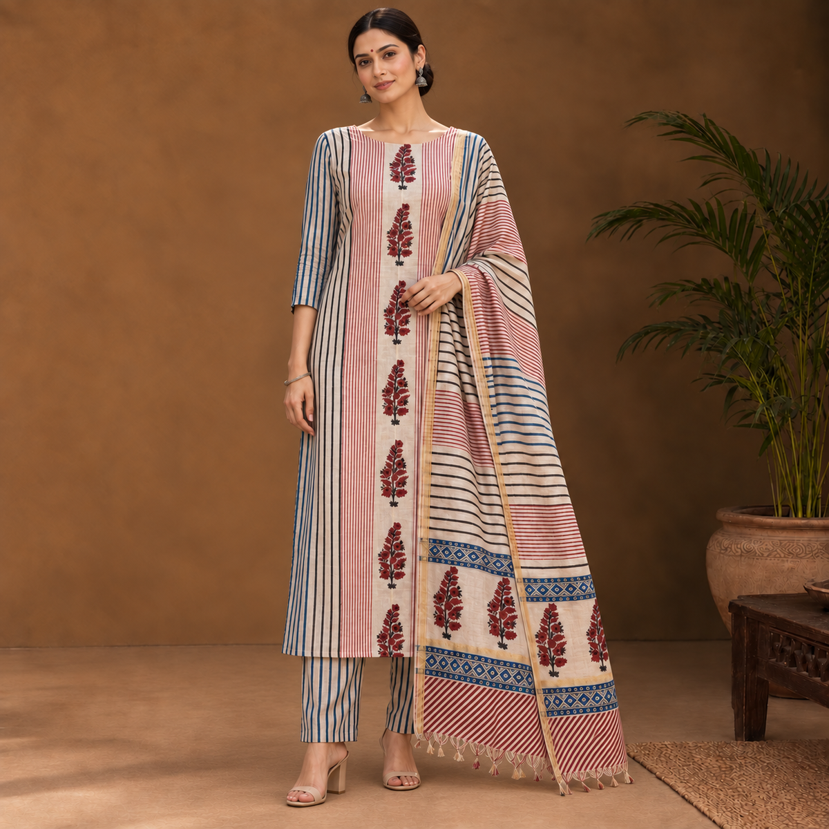Gulnaar Ivory Chanderi Handblock 3 Piece-Unstitched Suit Set