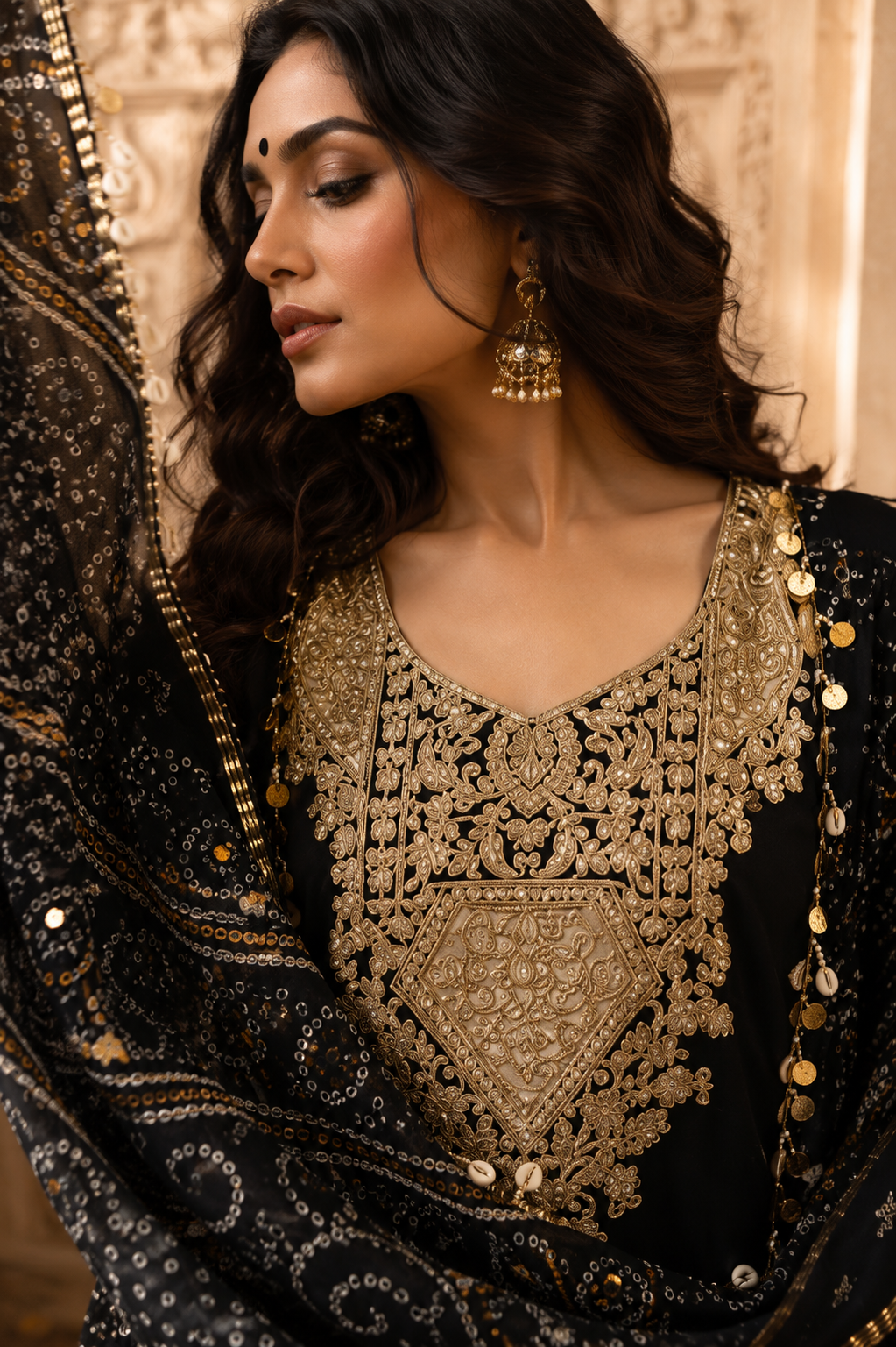 Rajwada Gajji Silk Bandhani Unstitched Suit Set with Embroidered Dupatta & Potli