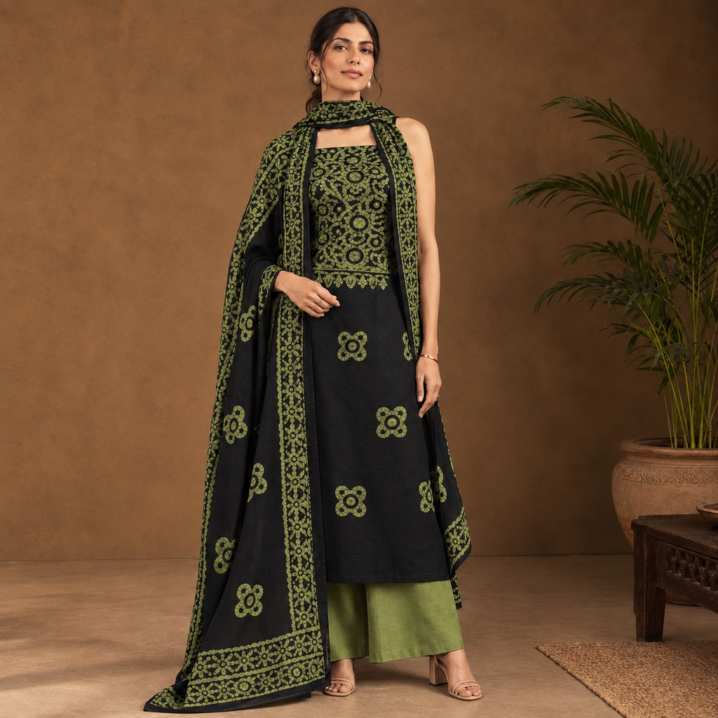 Rangrez Cotton Batik 3-Piece Unstitched Suit Set with Kota Doria Dupatta