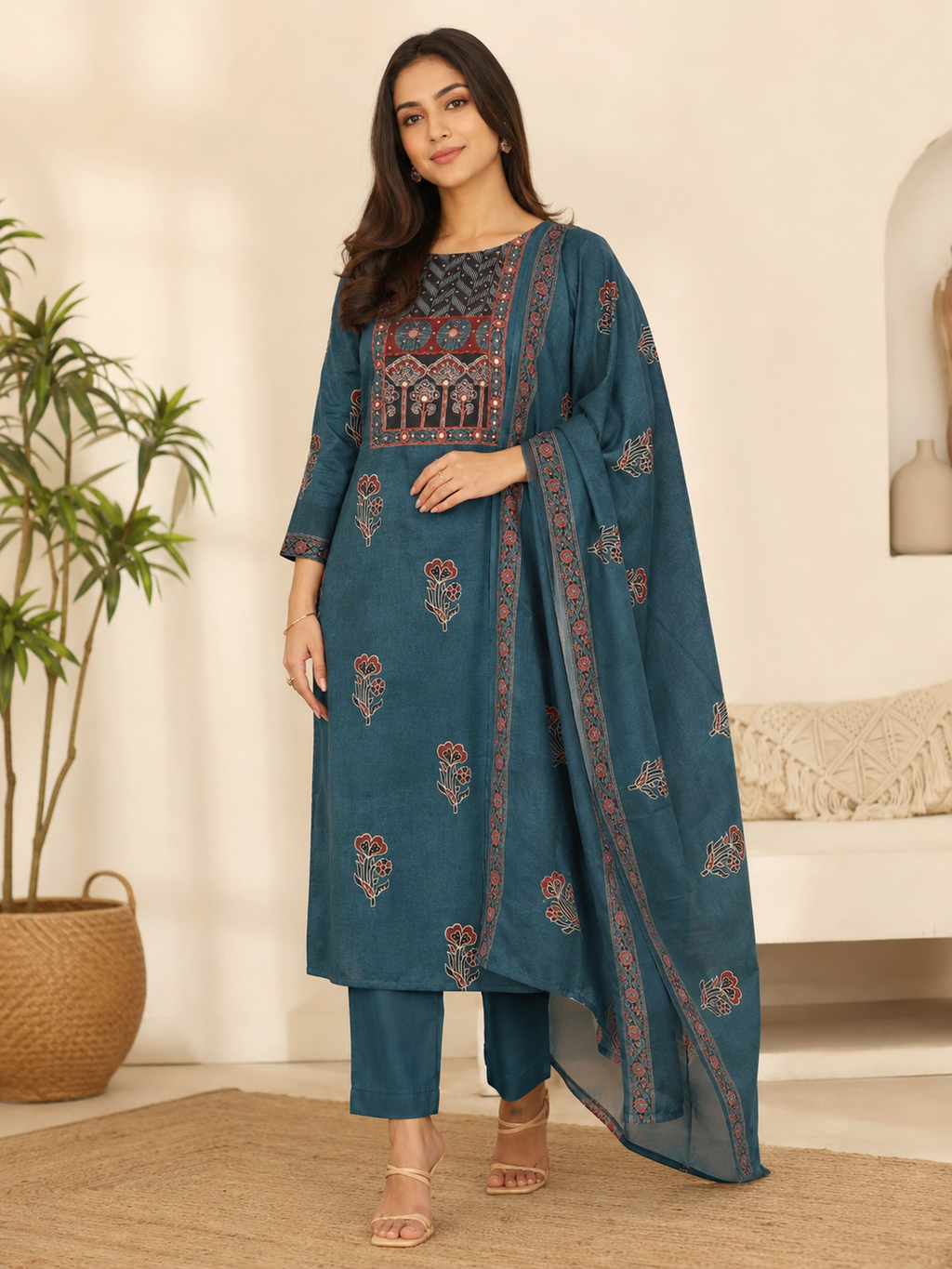 Gulposh Teal Blue Ajrakh 3 piece set
