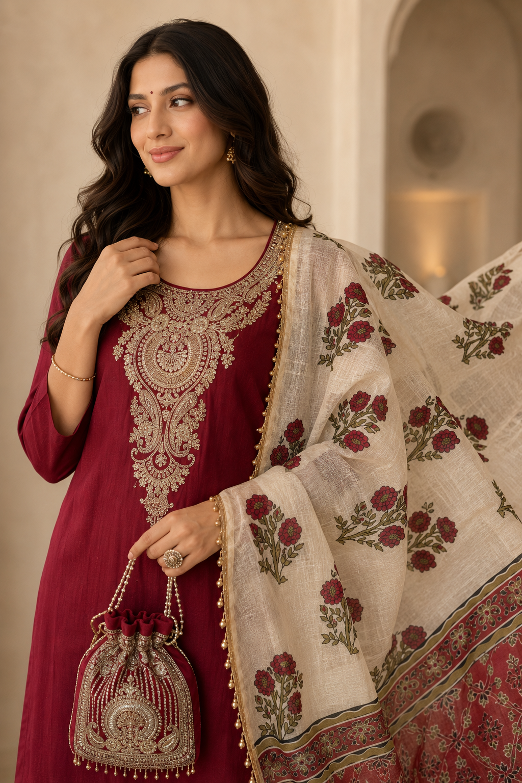 Mul zari suit with handblock dupatta set
