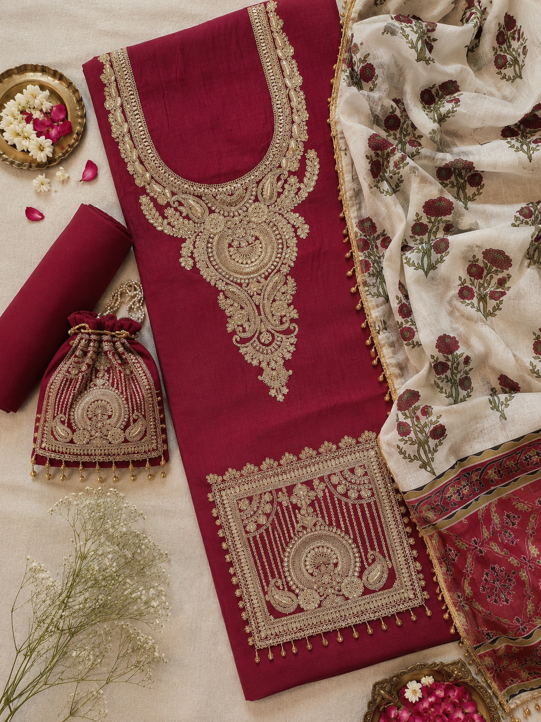 Mul zari suit with handblock dupatta set
