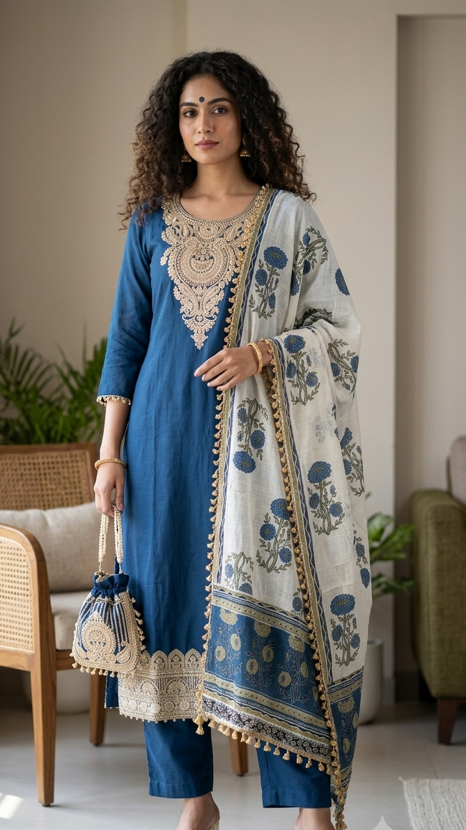 Mul zari suit with handblock dupatta set