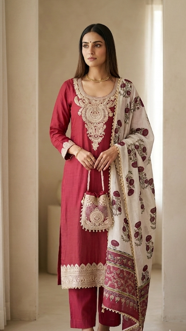 Mul zari suit with handblock dupatta set