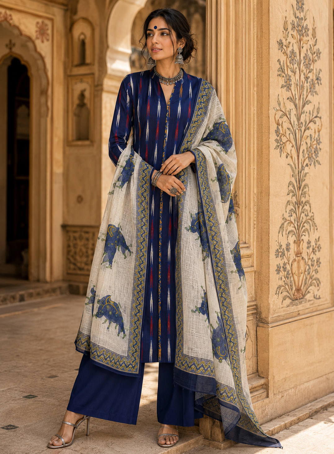 Neel Pichwai Ikkat 3-Piece unstitched Suit Set