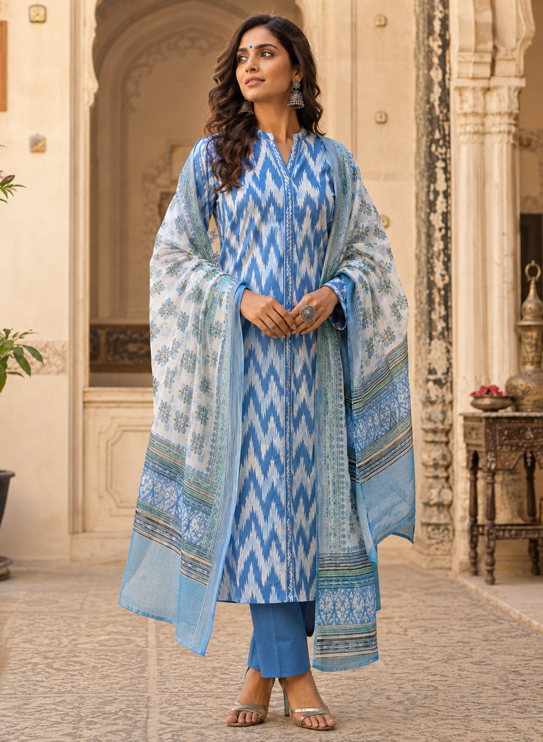 Aabha Aqua Ikkat 3-Piece unstitched Suit set