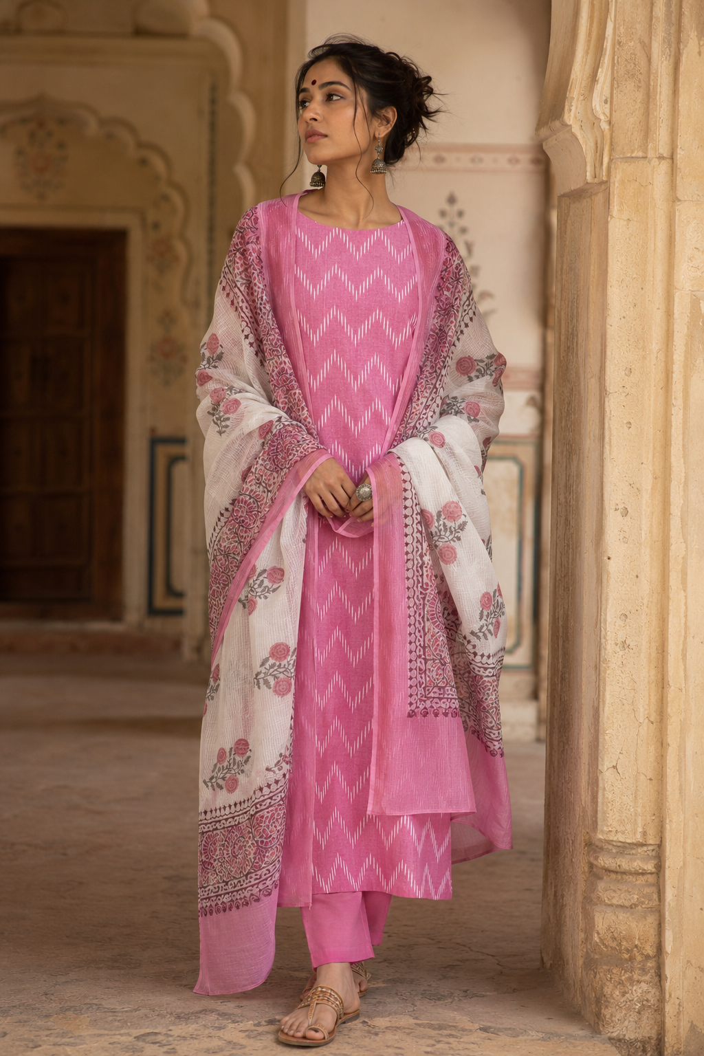 Pink Ikkat kurta with Kotadoriya dupatta