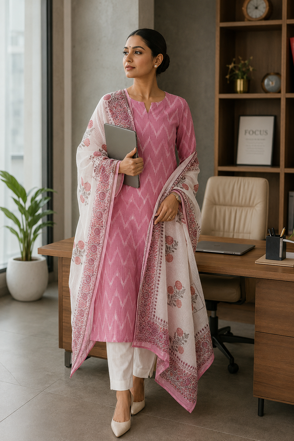 Pink Ikkat kurta with Kotadoriya dupatta