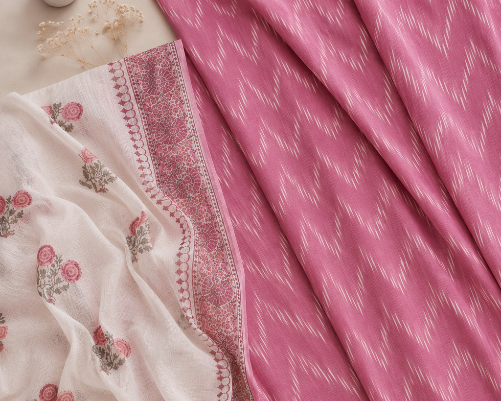 Pink Ikkat kurta with Kotadoriya dupatta