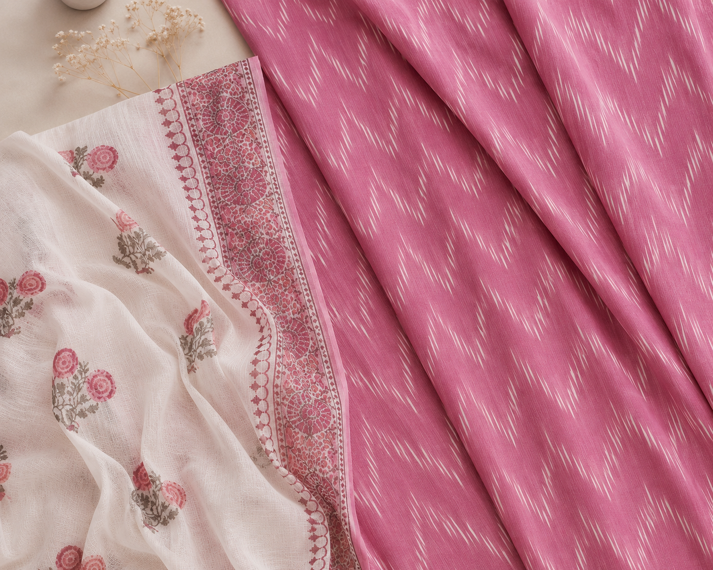 Pink Ikkat kurta with Kotadoriya dupatta