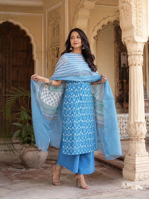 Aabha Aqua Ikkat 3-Piece unstitched Suit set