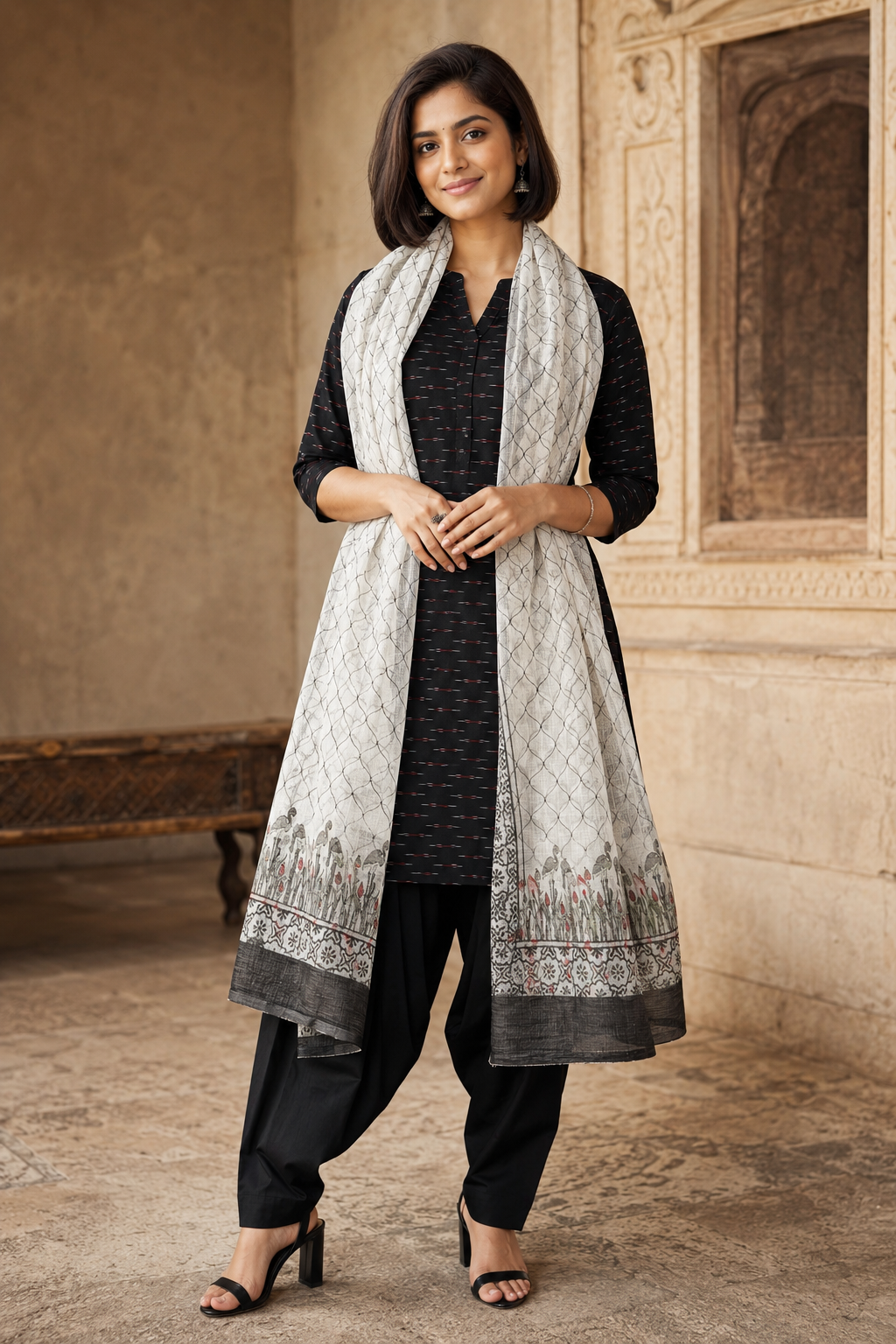 Black flamingo ikkat kurta with blockprint Kotadoriya dupatta