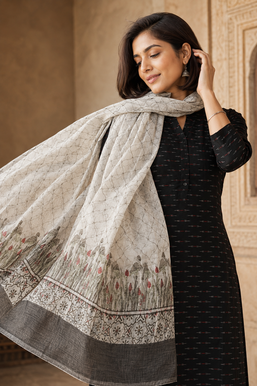 Black flamingo ikkat kurta with blockprint Kotadoriya dupatta