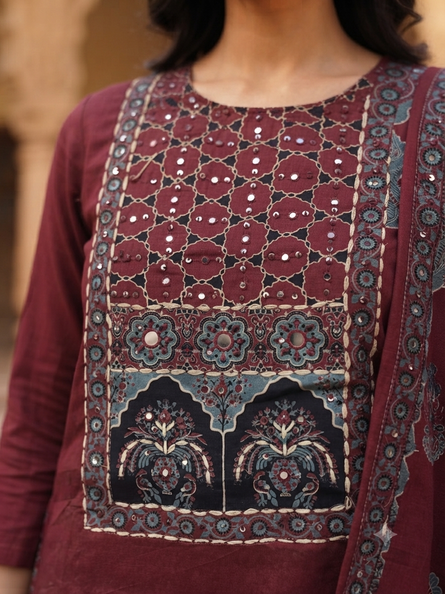 Gulposh Ajrakh 3 piece unstitched suit set