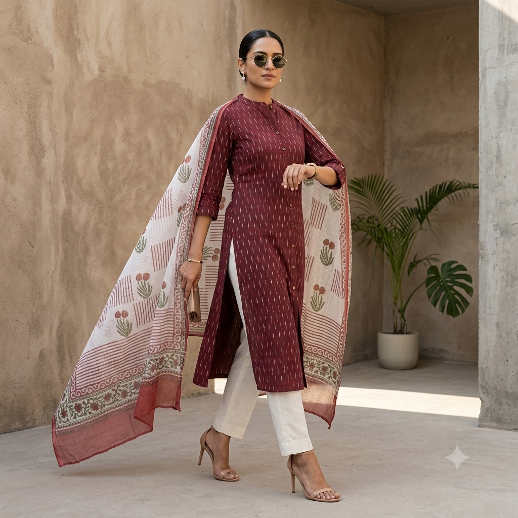 Maroon Ikkat 2 Piece Unstitched Suit with Kota Doria Handblock Dupatta