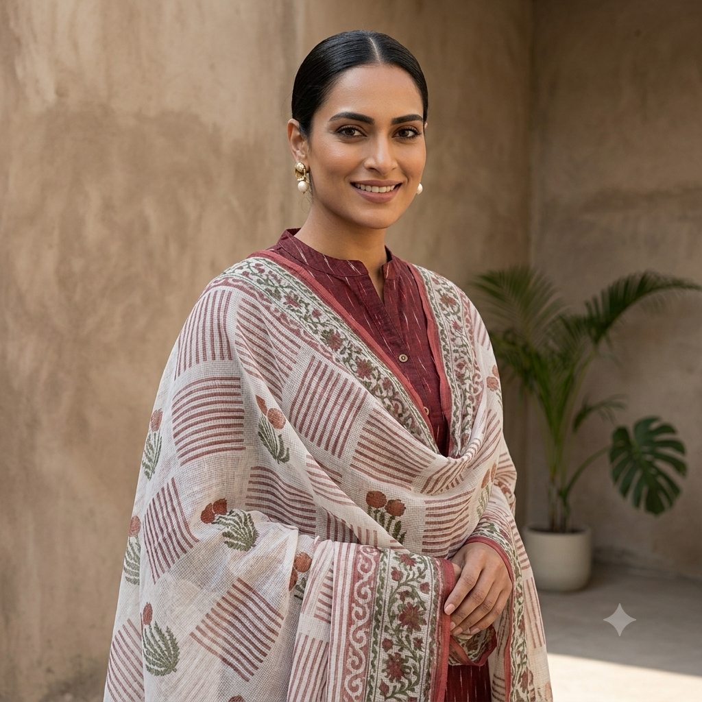 Maroon Ikkat 2 Piece Unstitched Suit with Kota Doria Handblock Dupatta