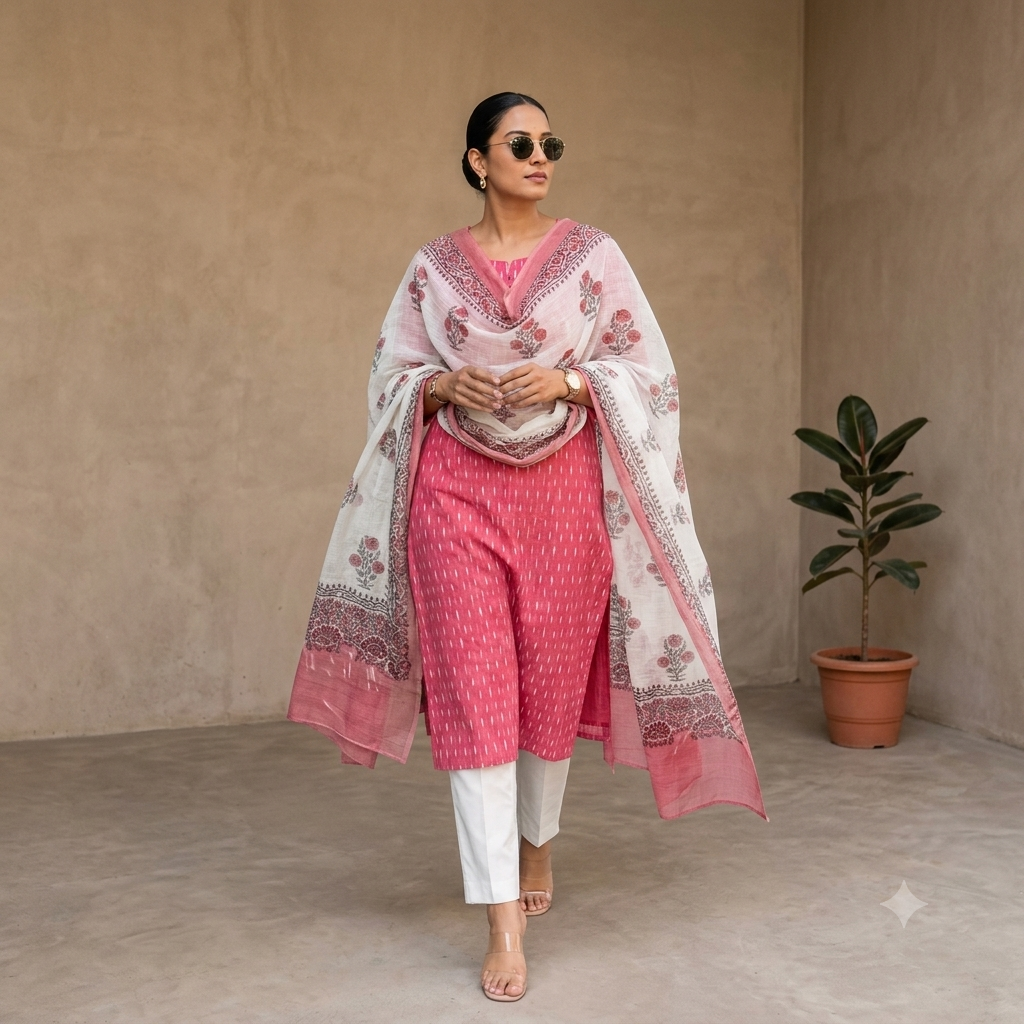 Peachish Pink Ikkat 2 Piece Unstitched Suit with Kota Doria Handblock Dupatta