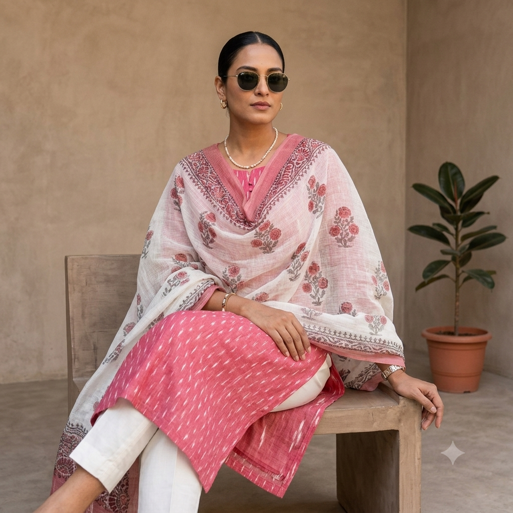 Peachish Pink Ikkat 2 Piece Unstitched Suit with Kota Doria Handblock Dupatta