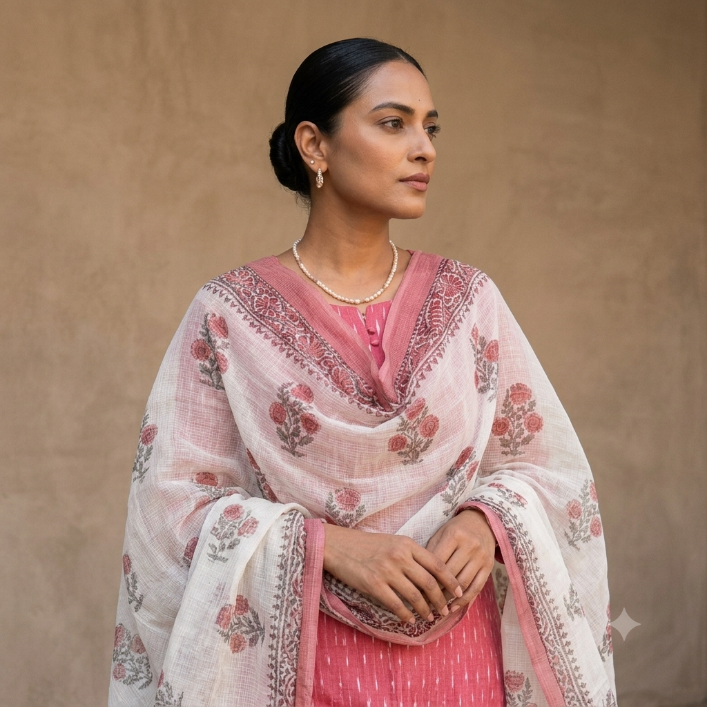 Peachish Pink Ikkat 2 Piece Unstitched Suit with Kota Doria Handblock Dupatta