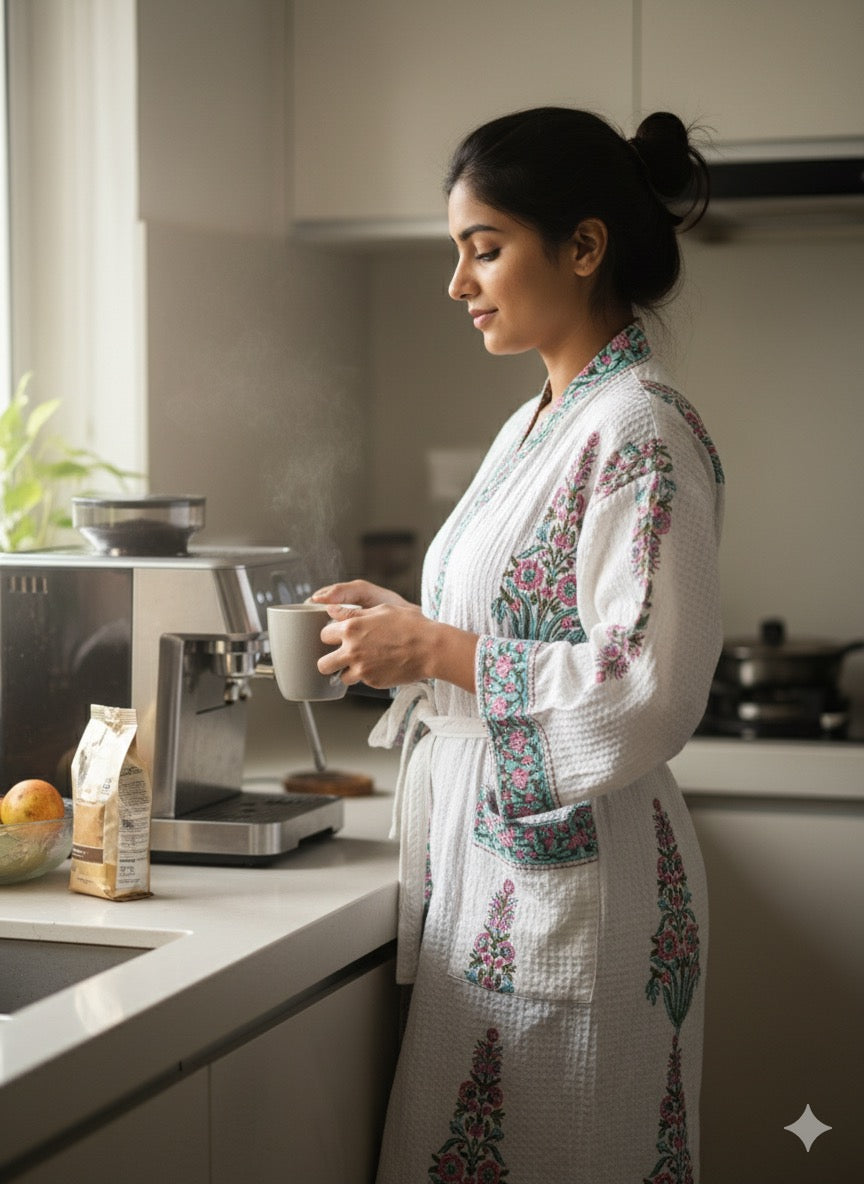 Floral Whisper Quilted Blockprint Bathrobe