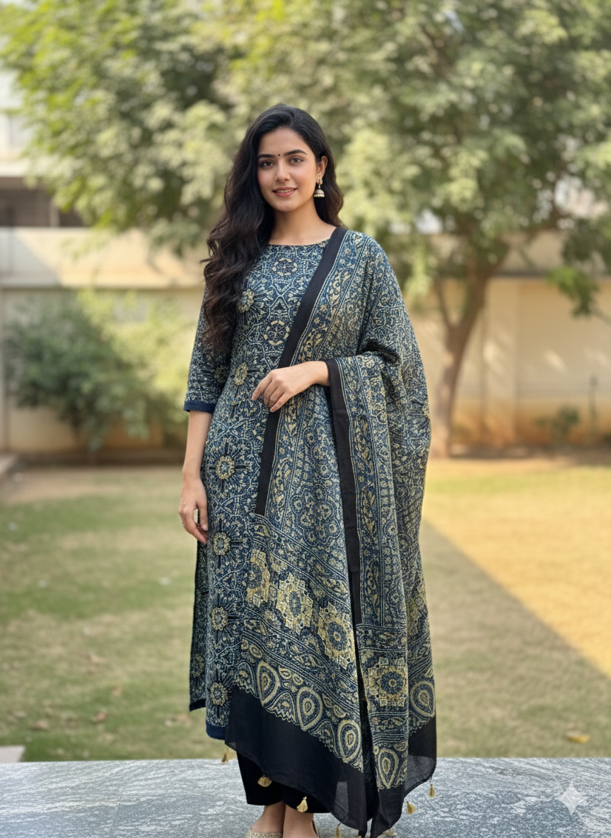 Royal Blue Ajrakh Modal Silk 3-Piece Suit