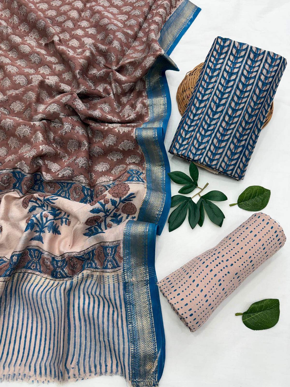 Neel Bagh Maheshwari Handblock 3-Piece Unstitched Suit Set