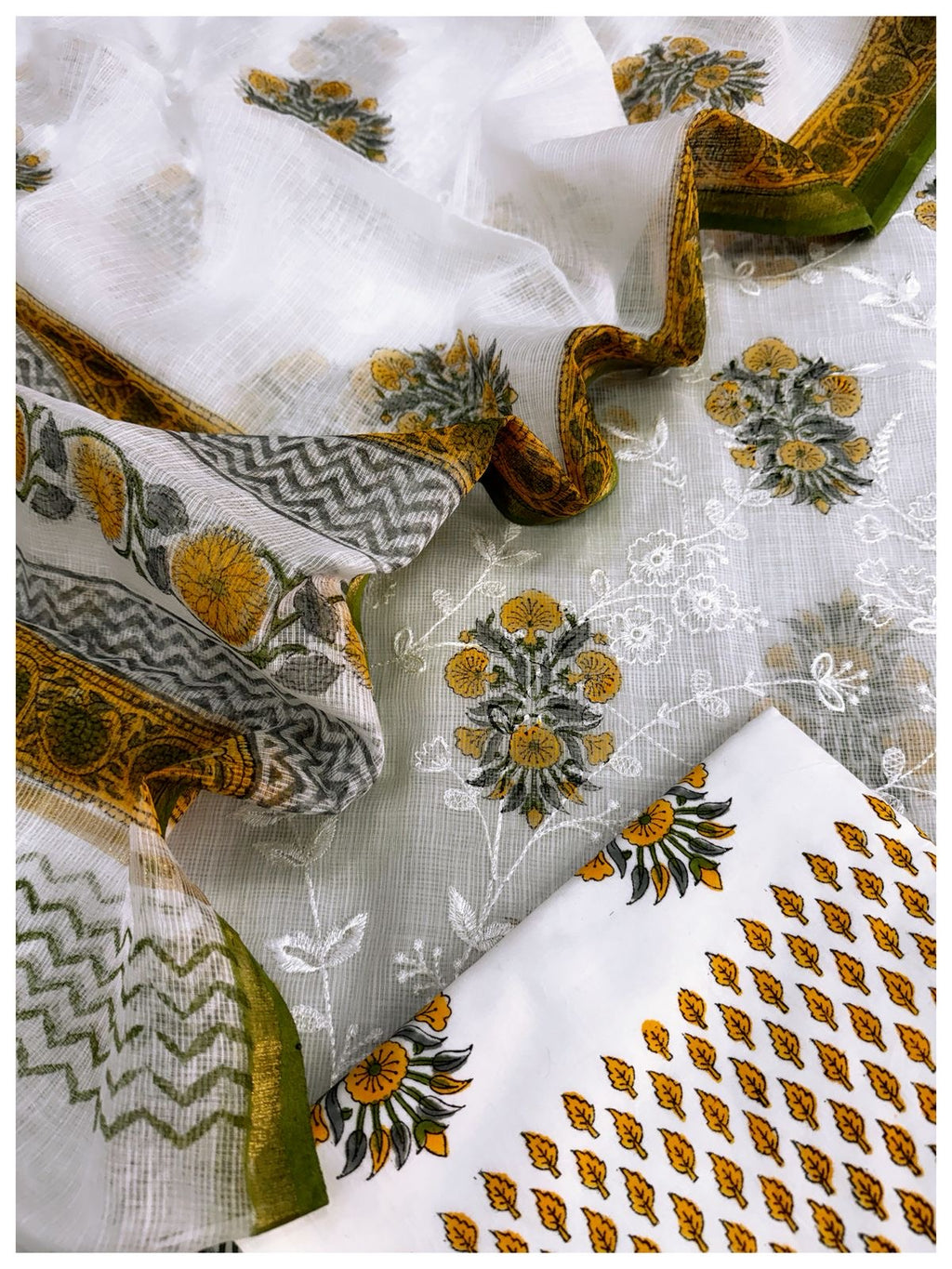 Mustard Meadow Hand Block Kota Doriya Suit Set