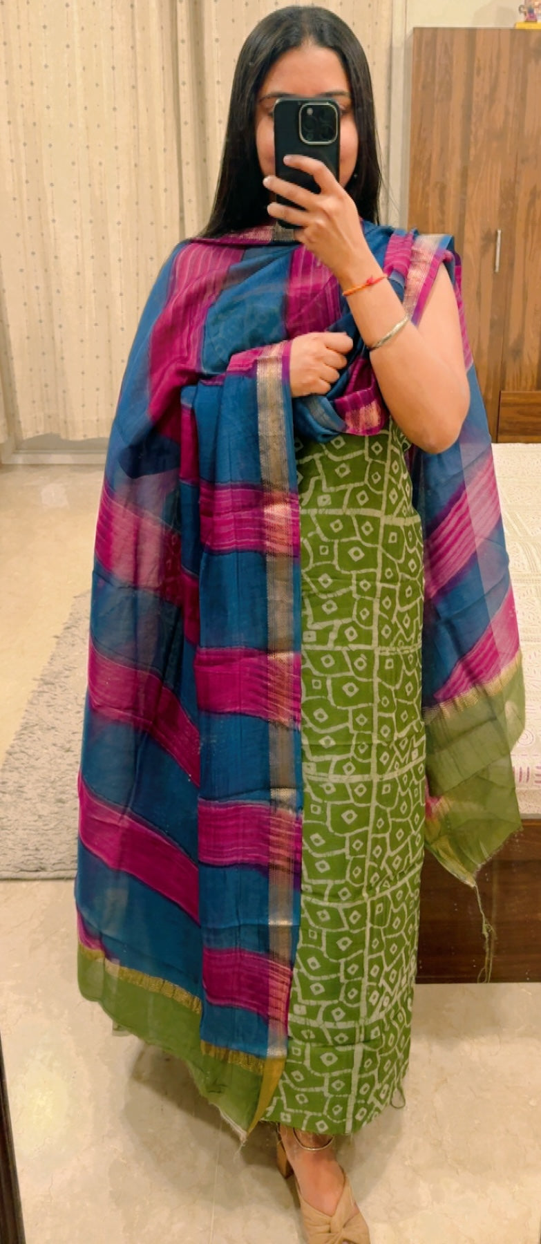 Emerald Green Maheshwari Silk Block Print Suit