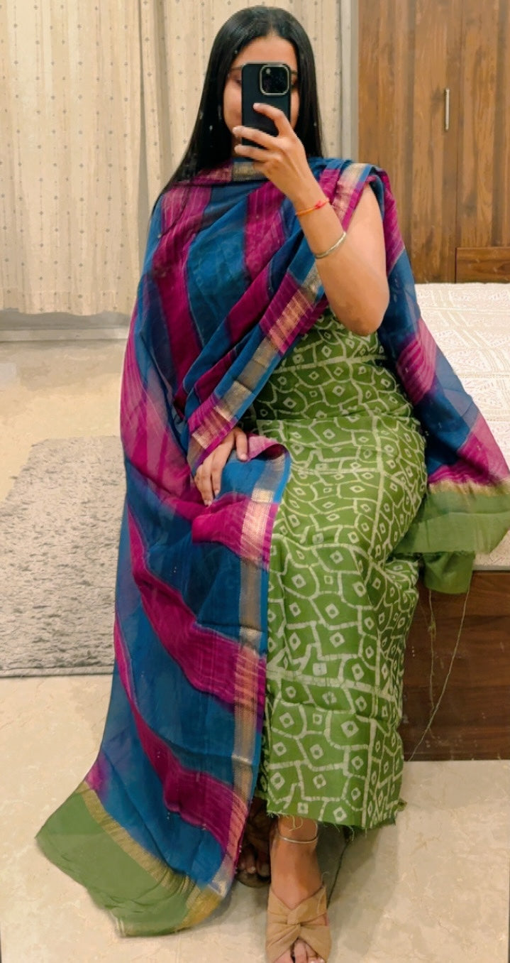 Emerald Green Maheshwari Silk Block Print Suit