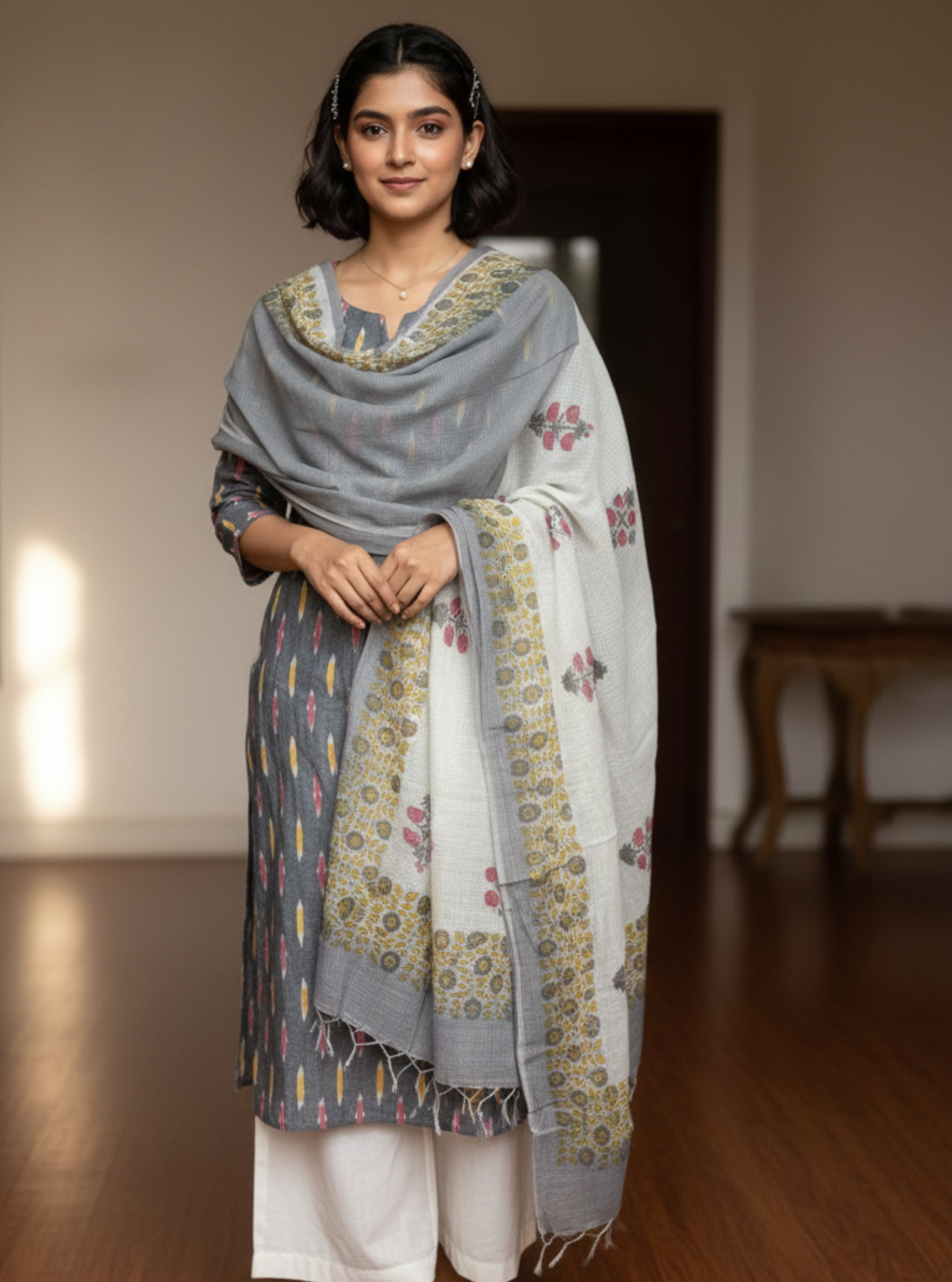 Grey Blossom Ikat Cotton Kurta with Printed Kota Doria Dupatta
