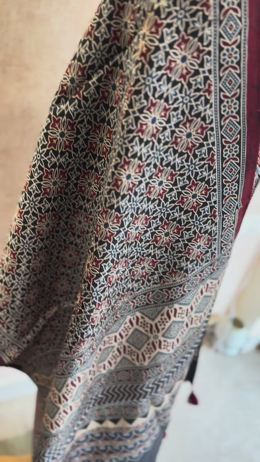 Noorani Ajrakh Mashru Silk Kurta Set with Tasselled Stole