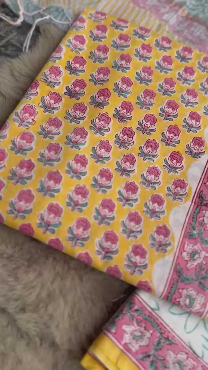 Mustard Aqua Phool Cotton Mul Suit Set with Kotadoriya Dupatta