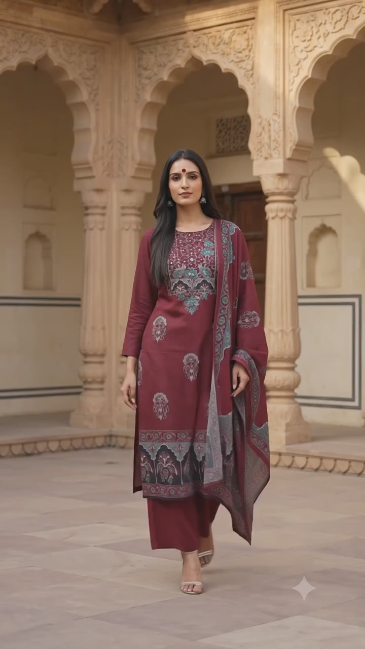Gulposh Ajrakh 3 piece unstitched suit set