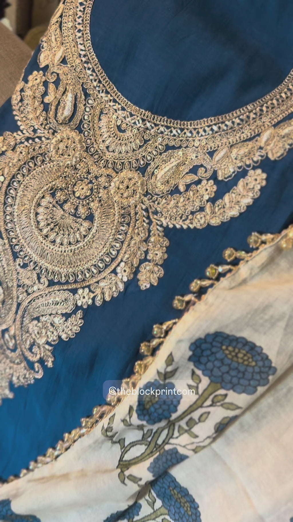 Mul zari suit with handblock dupatta set