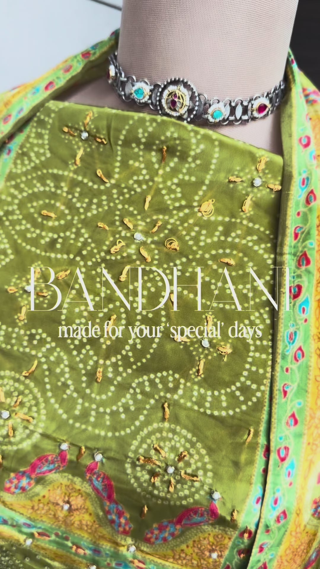 Meher Olive Green Bandhani Crepe 3-Piece Unstitched Suit Set
