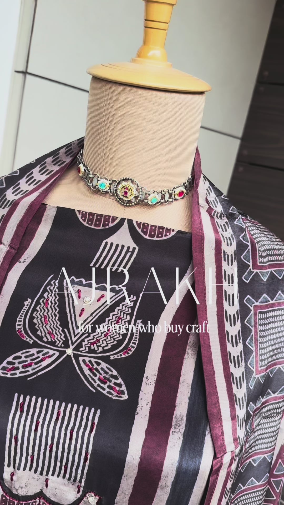 Mehr Maroon Ajrakh Crepe 3-Piece Unstitched Suit Set