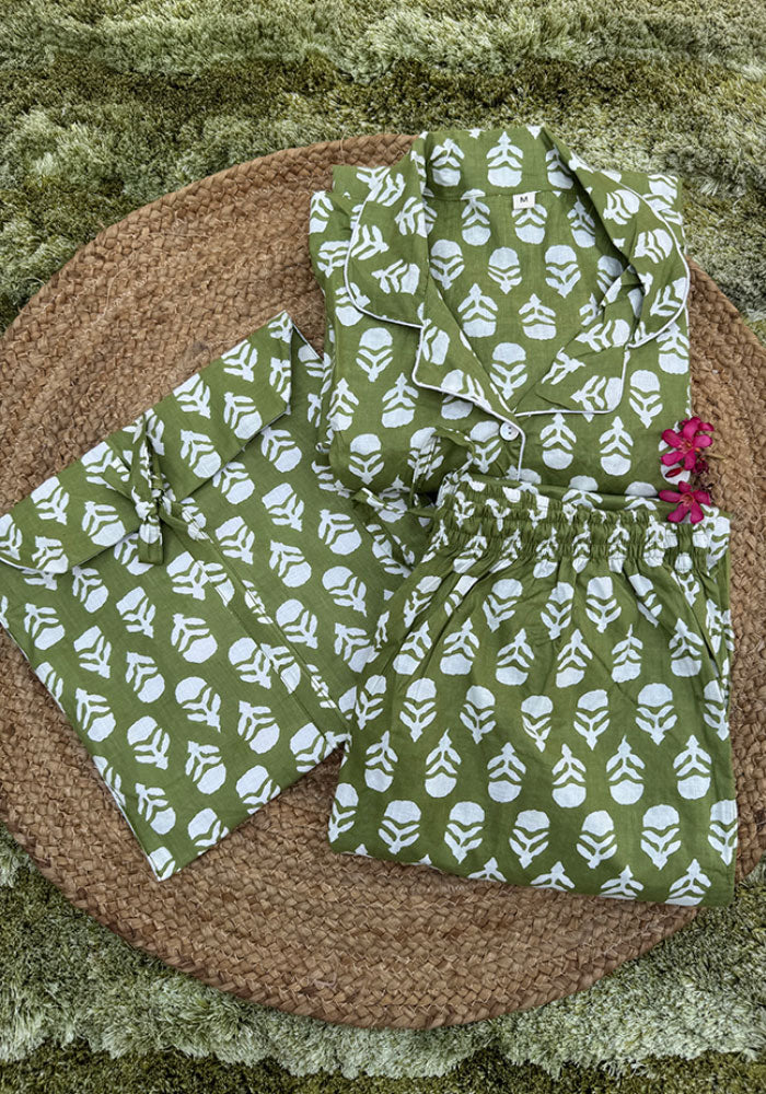 Olive Bloom Blockprint Nightsuit