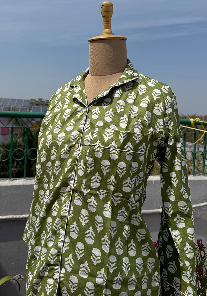 Olive Bloom Blockprint Nightsuit