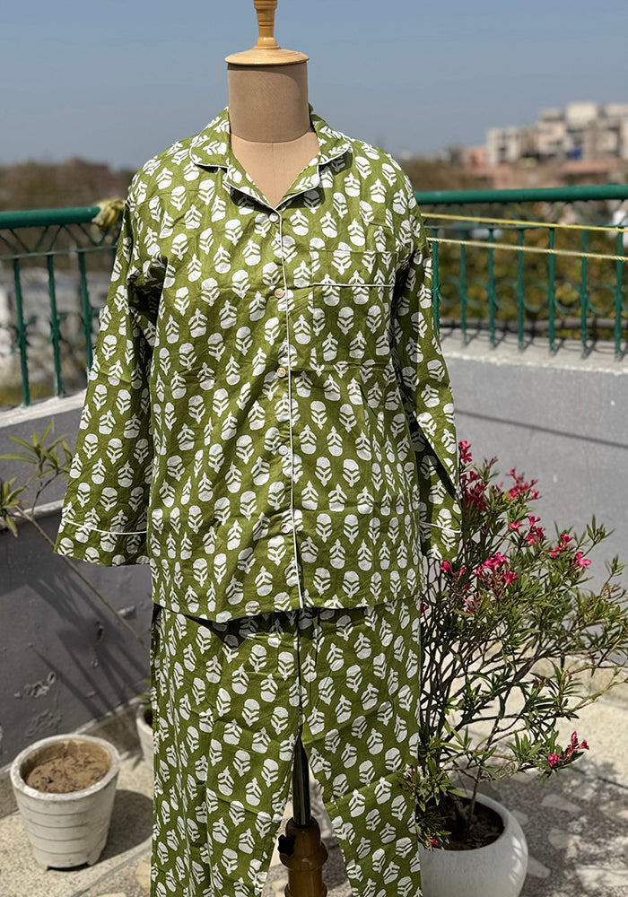 Olive Bloom Blockprint Nightsuit