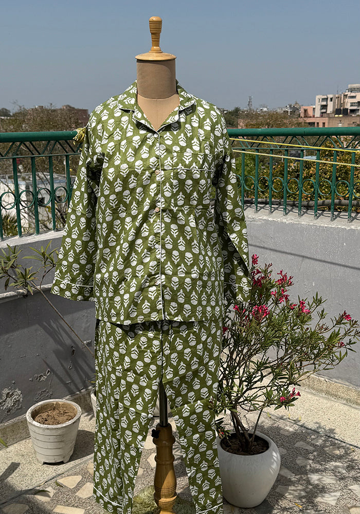 Olive Bloom Blockprint Nightsuit